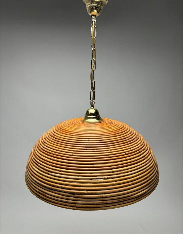 Suspension italienne en laiton doré et bambou tressé, années 1970