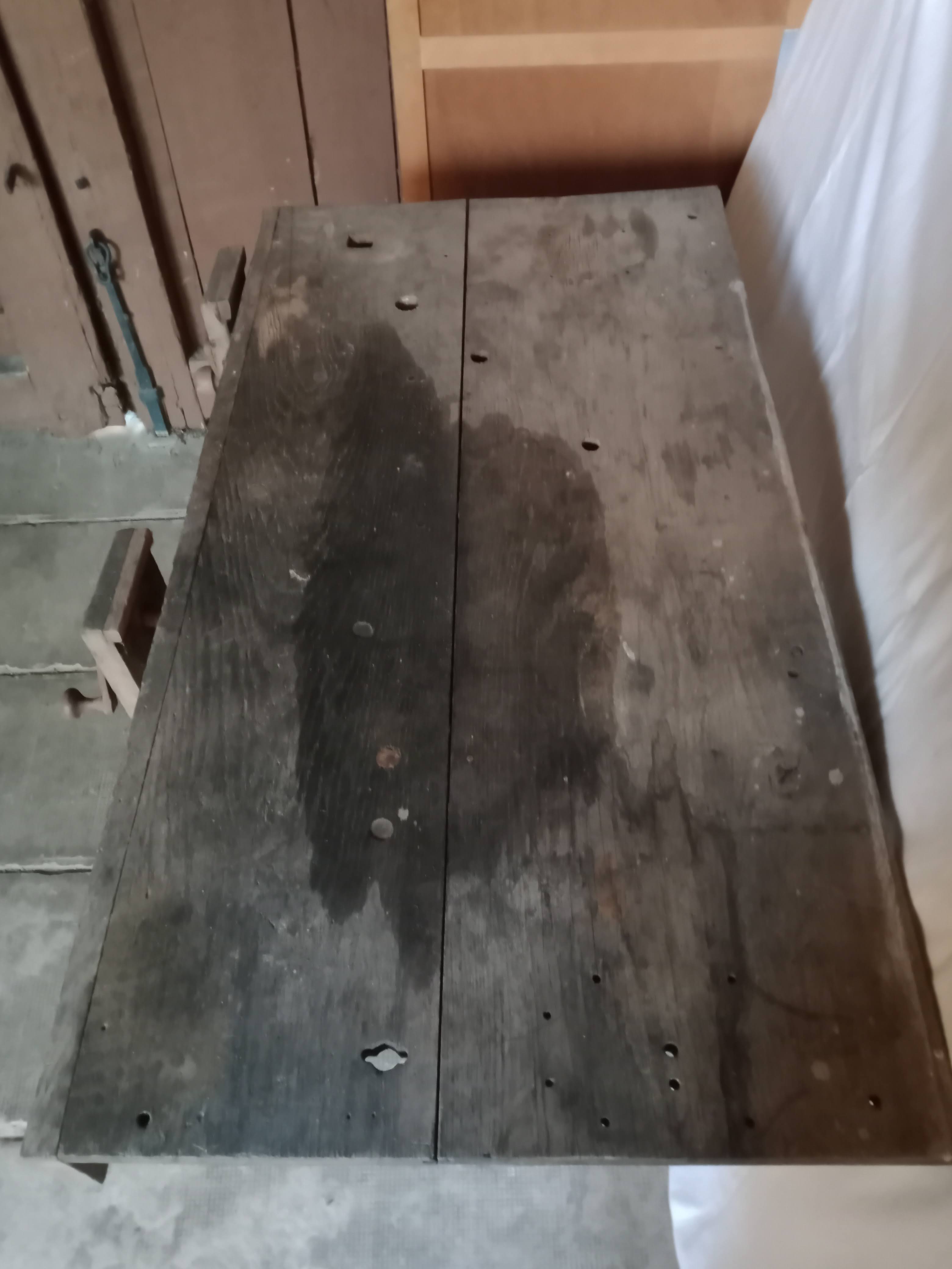 antique workbench with one drawer and two vices