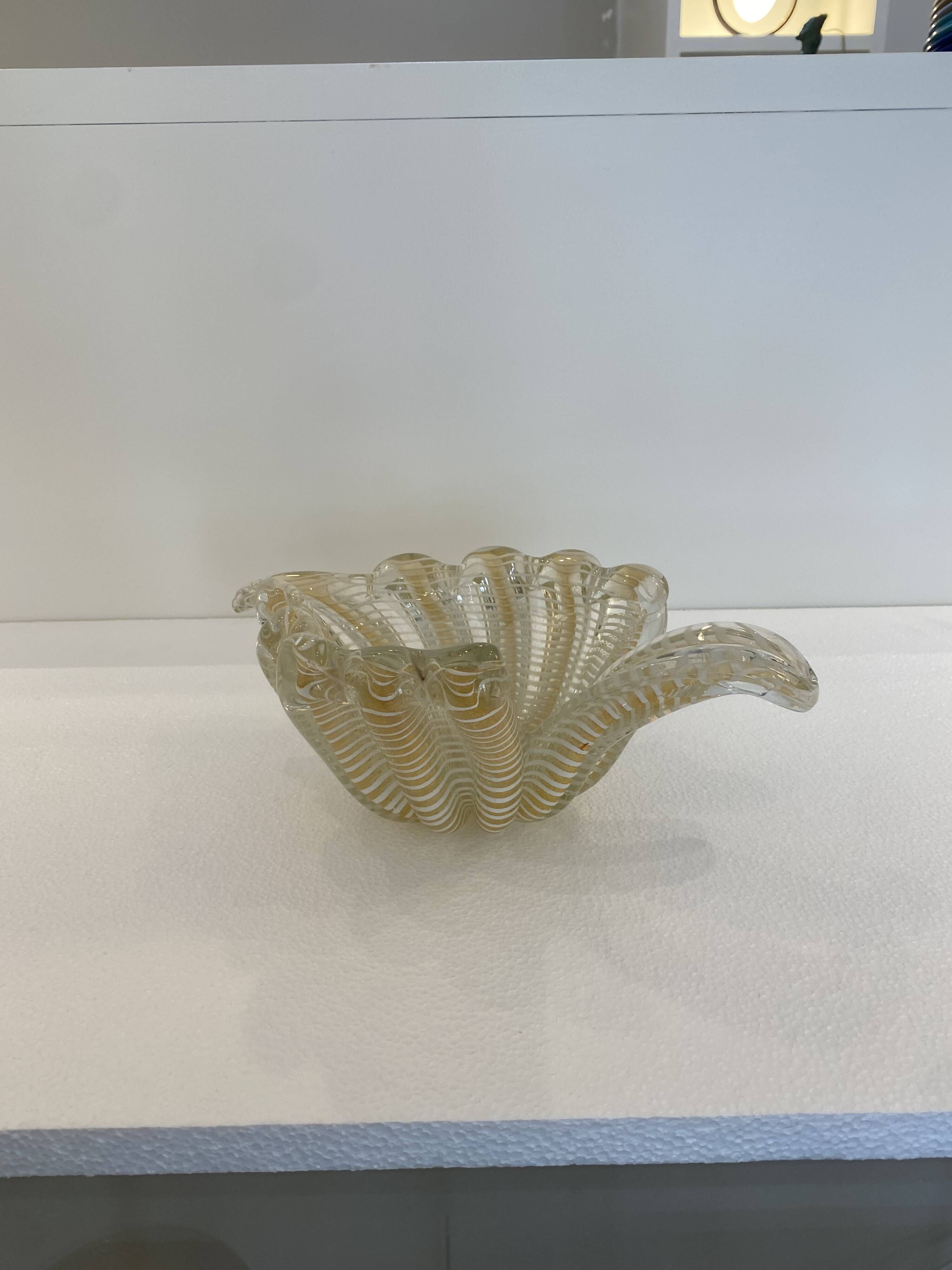 Murano Barovier 'Zebrati' Decor Glass Shell Bowl Hollywood Regency, 1960s