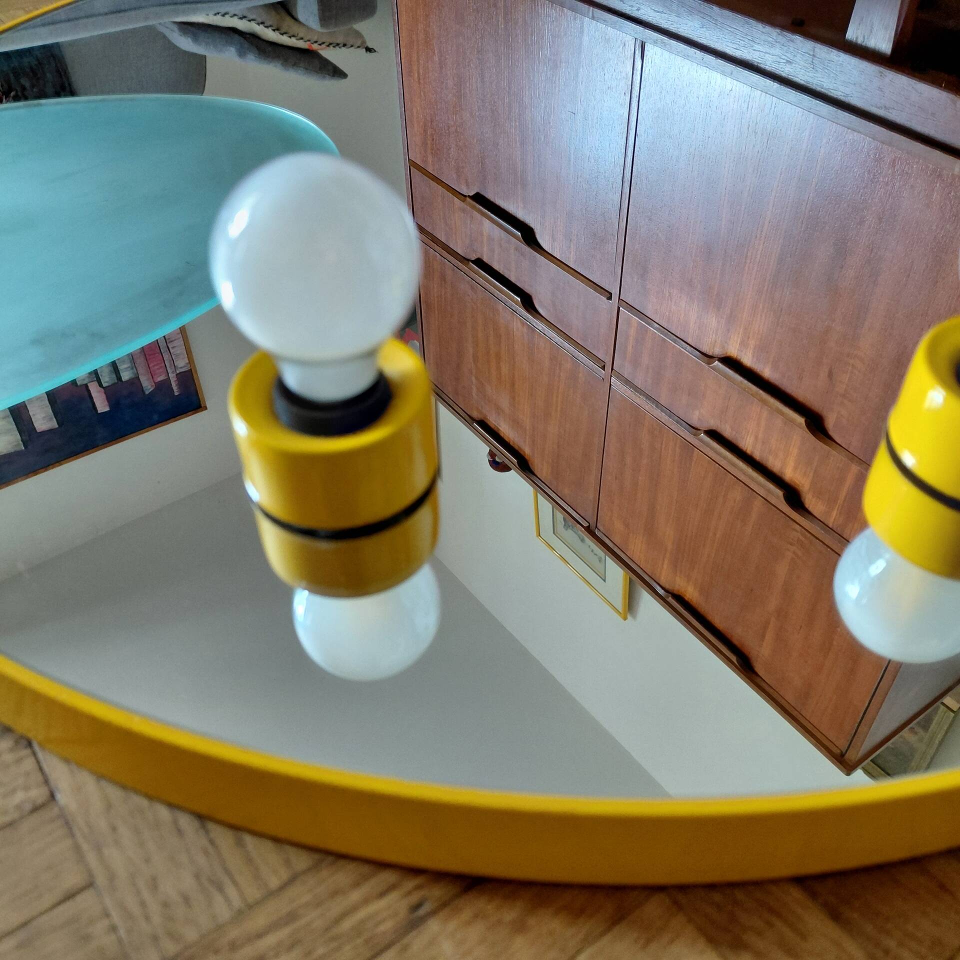 Round illuminated wall mirror Gedy Space Age yellow – Italy, 1970s