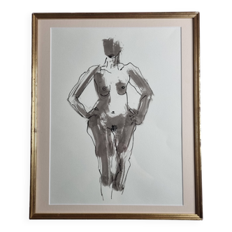 Dessin original à l’encre et lavis, encadrée, 38 x 44 cm