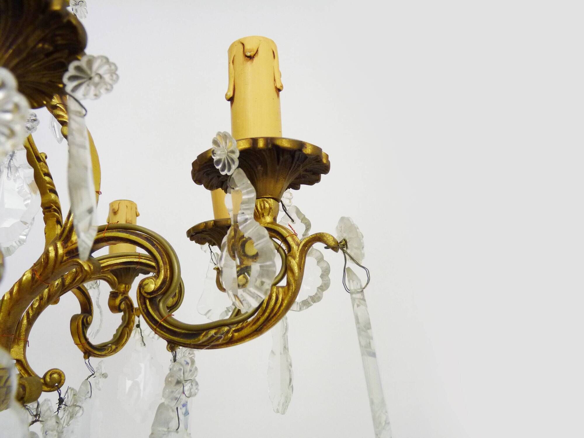 Bronze cage chandelier with glass pendants, 8 lights. tassel chandelier. 60s