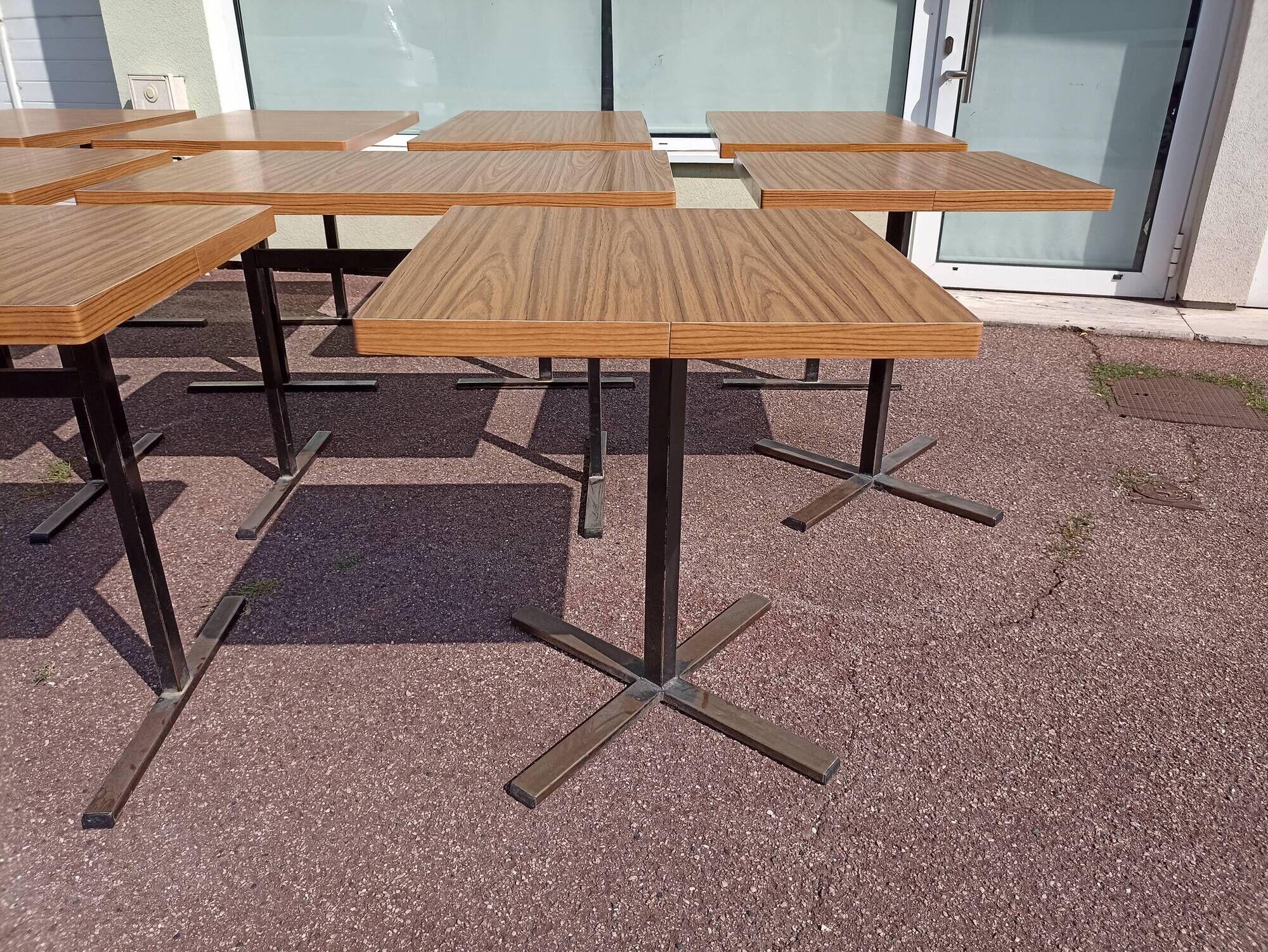 Set of 9 metal bistro table wood and formica