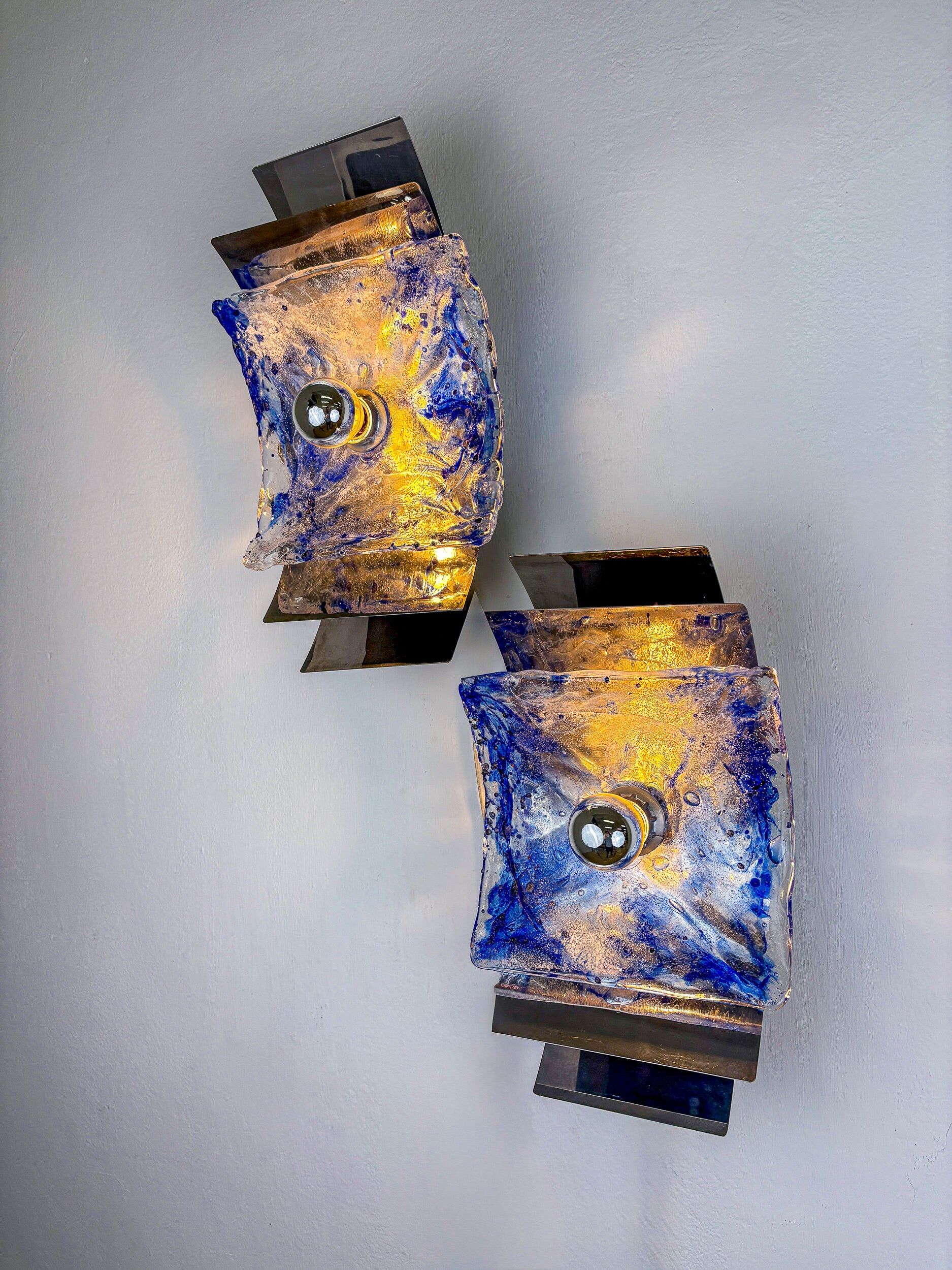 Pair of Murano Mazzega blue & clear glass wall sconces, Italy, 1970s