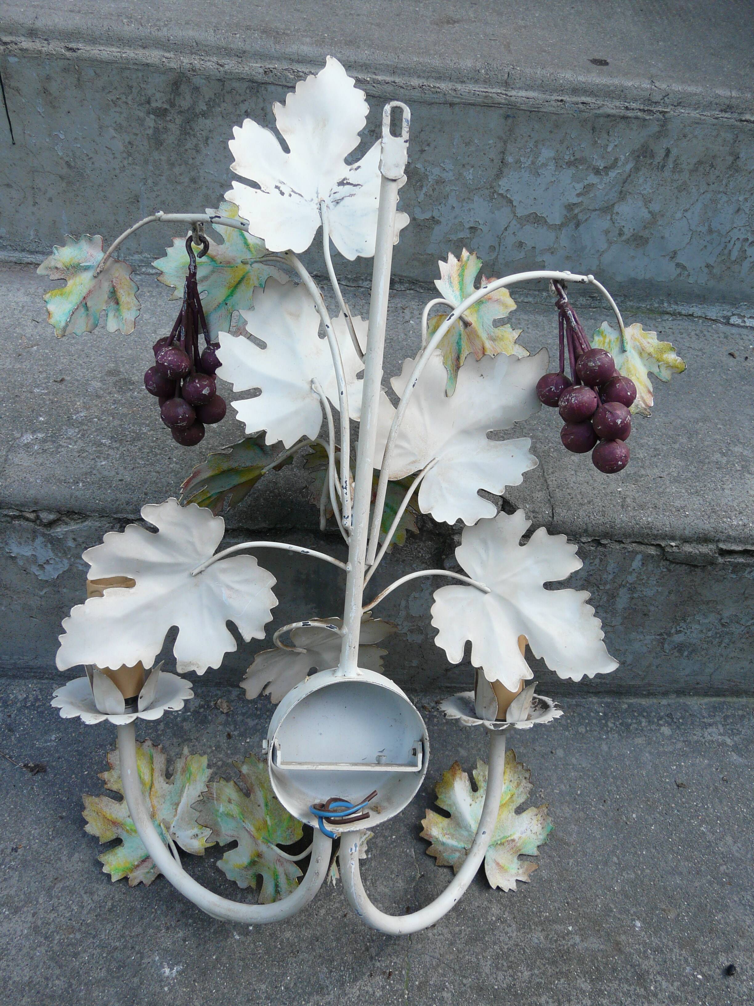 Large painted metal wall lamp with two arms vine/grape decoration