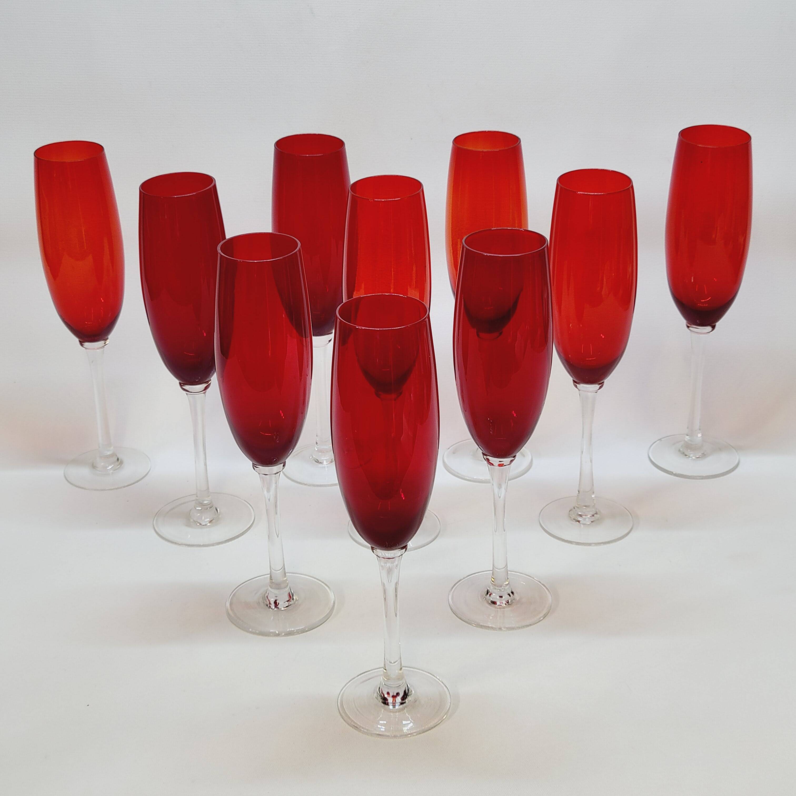 10 ruby red blown glass champagne flutes