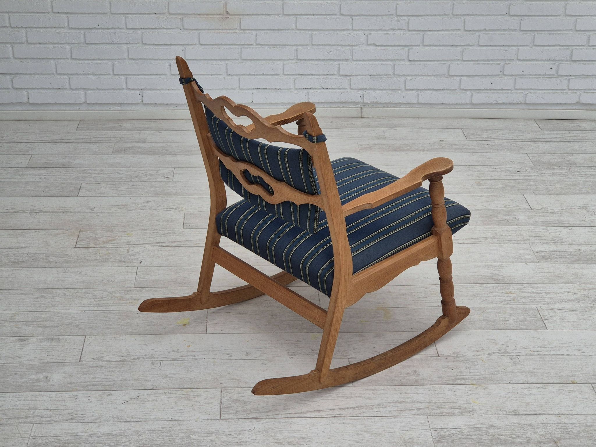 1970s, Danish design, oak wood rocking chair with footstool, furniture wool, original condition.