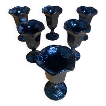 Série De 6 Coupes A Glace FIDENZA Verre Opaline Noire Italy Vintage #E