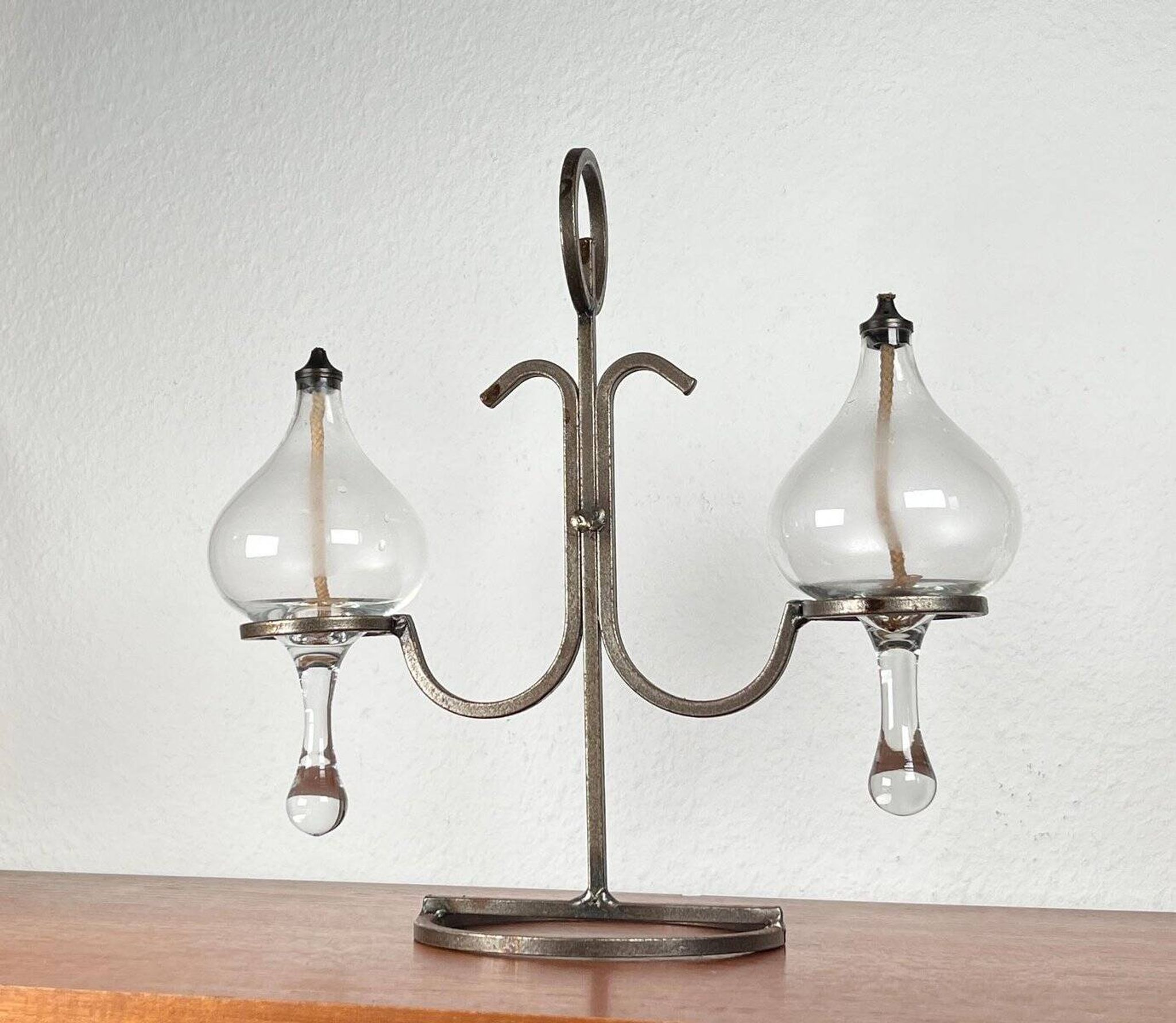Mid-century Danish wrought iron and glass table oil lamp, 1960s.