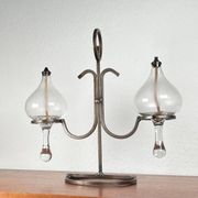 Mid-century Danish wrought iron and glass table oil lamp, 1960s.