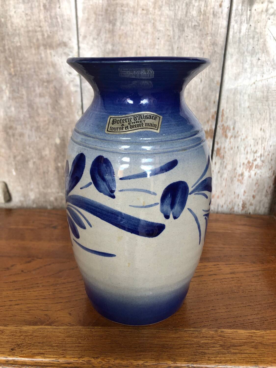 Old Alsace Vase ANNE EHRET Gray Blue Sandstone Decor Vintage Flowers #A766