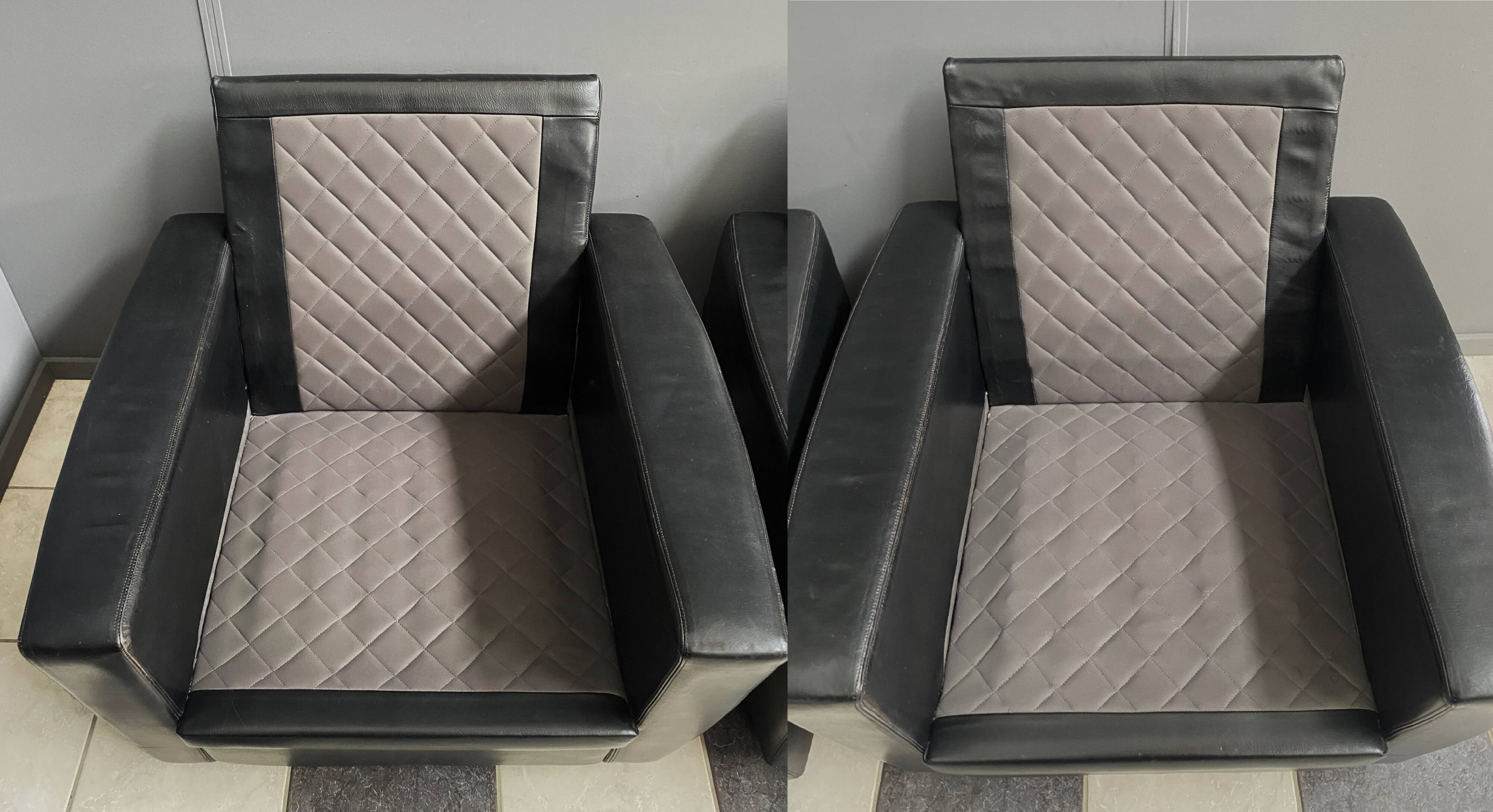 2 Black leather arm chairs 1960s on wheels