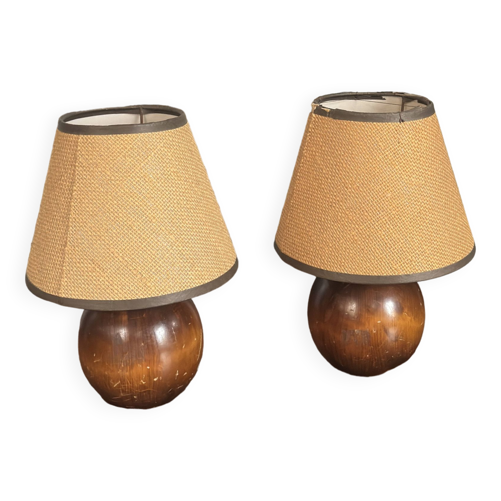 Pair of vintage brutalist wooden bedside lamps 1950