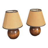 Pair of vintage brutalist wooden bedside lamps 1950