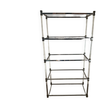 Vintage shelf in lucite, brass, and smoked glass from the 1970s.