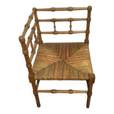 Vintage Corner Chair in Wood and Two-Tone Red-Green Straw