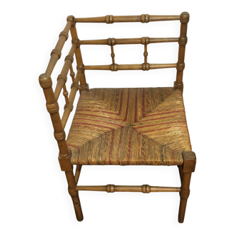 Chaise d'Angle Vintage en Bois et Paillage bicolore rouge vert