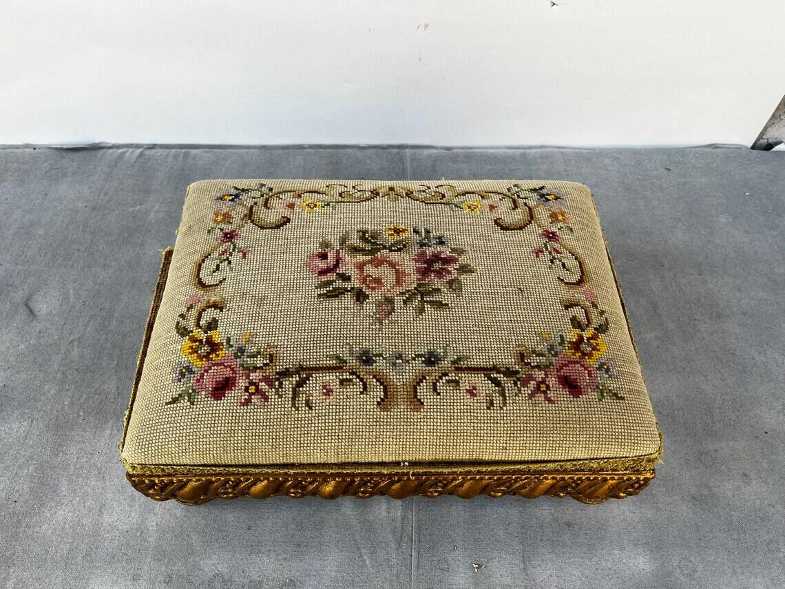Empire Foot Stool With Petit Point Standing on Ball Feet Needlepoint Decor