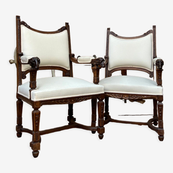 Pair of armchairs with rams in natural wood style Louis XIV XIX th century