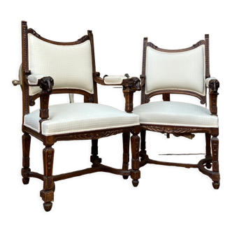 Pair of armchairs with rams in natural wood style Louis XIV XIX th century