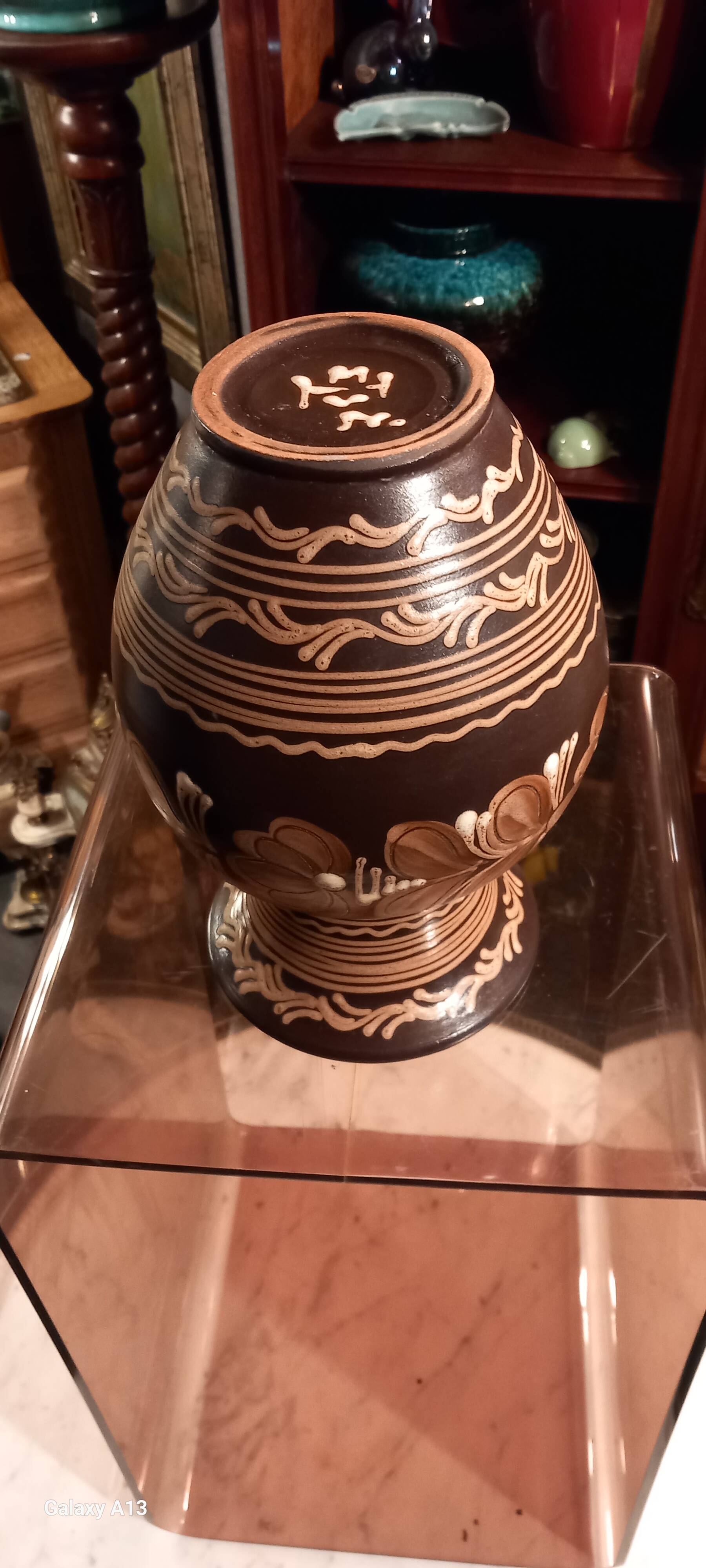 Hungarian pottery vase floral decor brown tone signed mhv