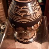 Hungarian pottery vase floral decor brown tone signed mhv