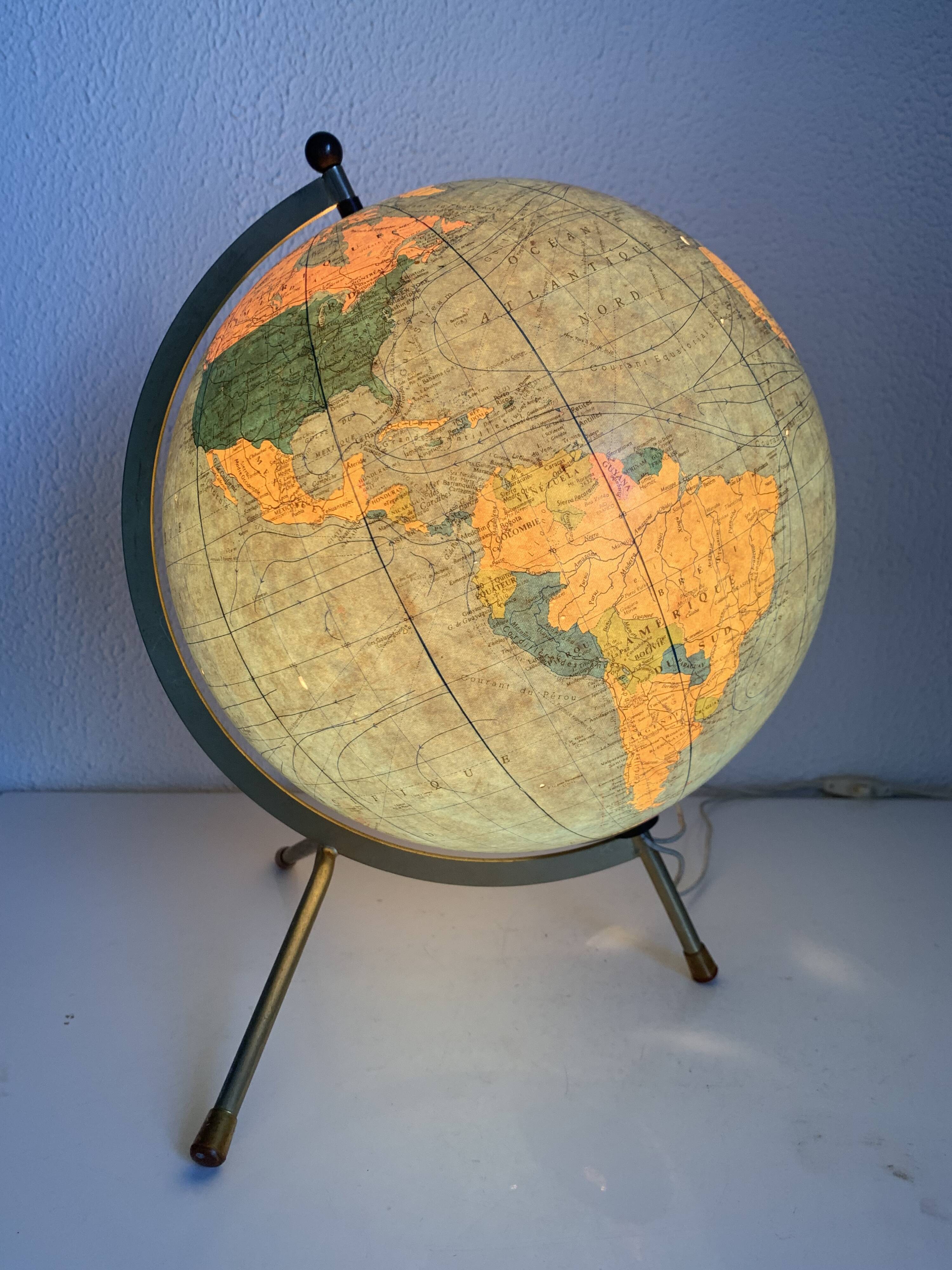 Globe vintage 1969 terrestre tripode verre Taride mappemonde - 33 cm