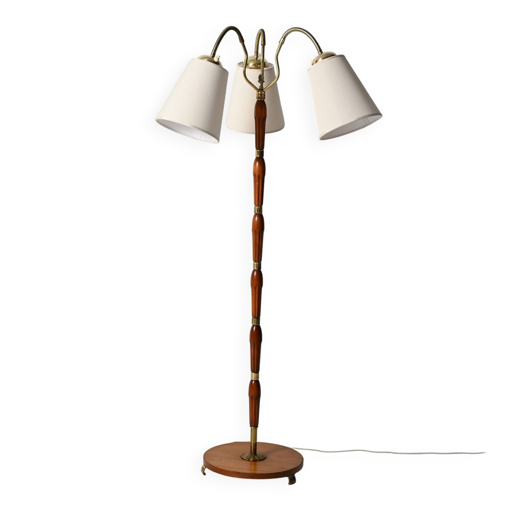 Lampadaire à trois bras en teck et laiton, Scandinavie, années 1940-1950