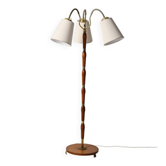 Three-arm teak and brass floor lamp, Scandinavia, 1940s–50s