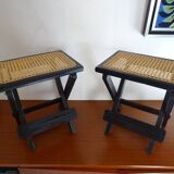 Pair of folding stools wood and wicker