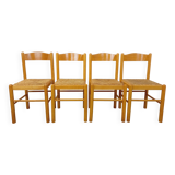 Set of 4 vintage brutalist chairs in light wood and straw from the 70s