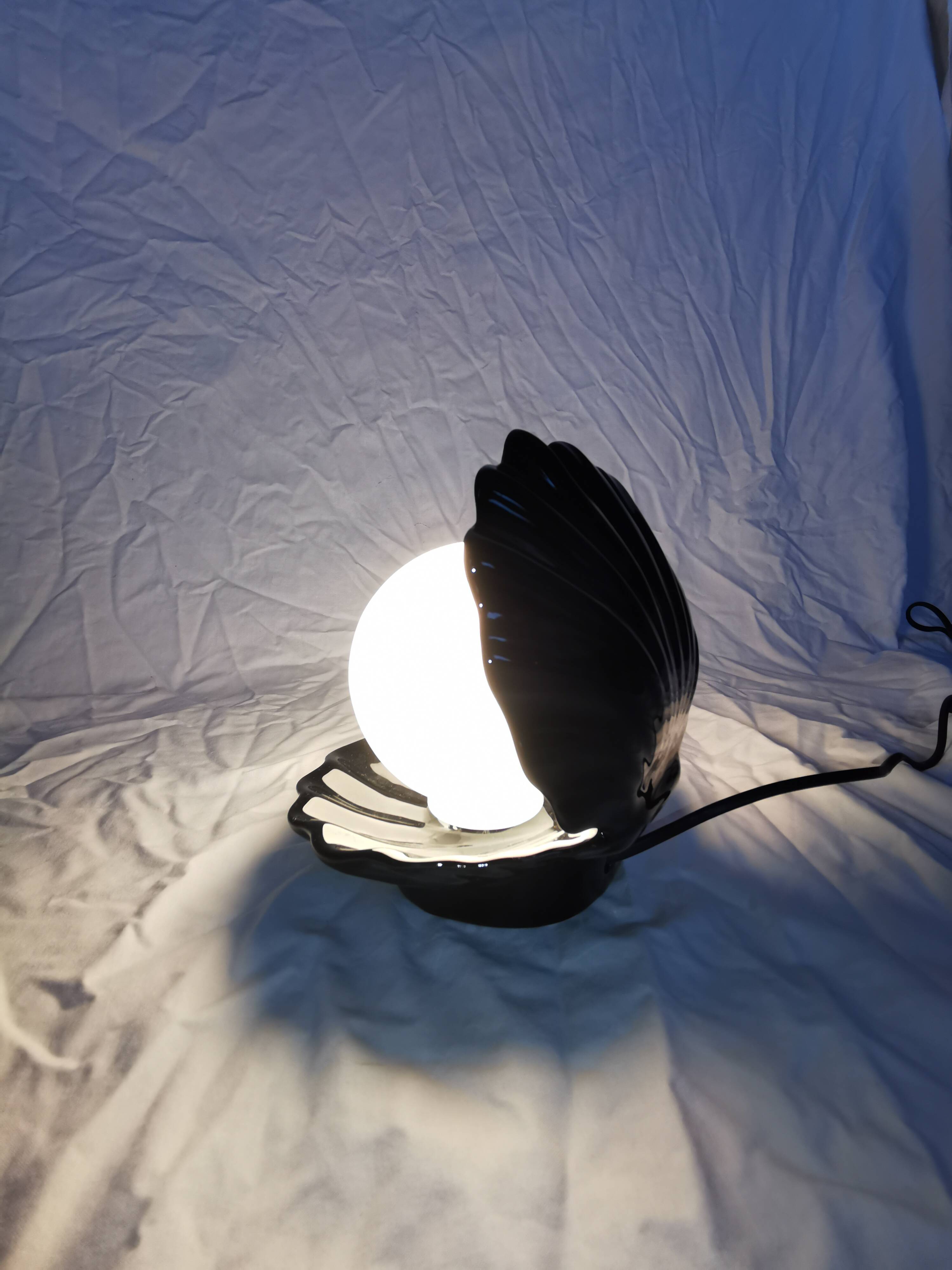 Ceramic shell lamp with opaline pearl, Saint-Jacques, France, 1980