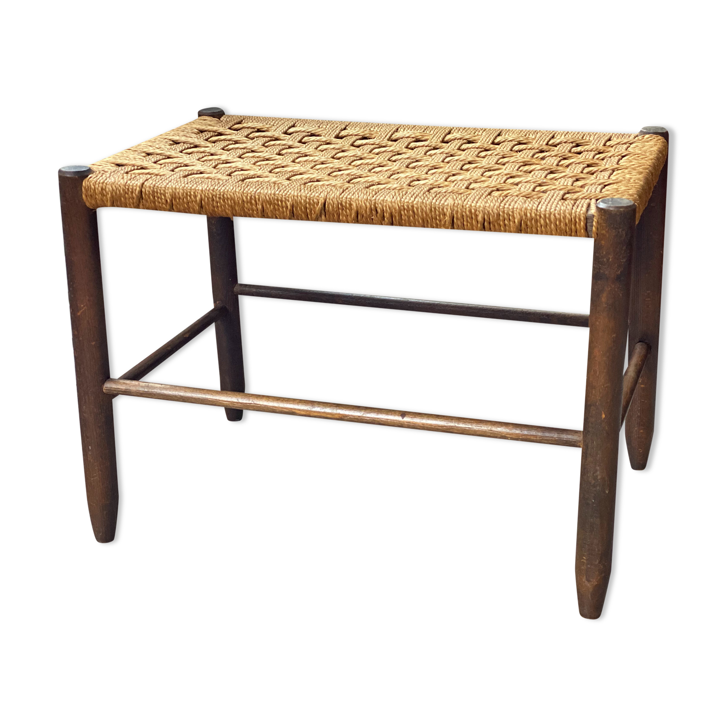 Mid Century wooden stool with a woven sisal seat
