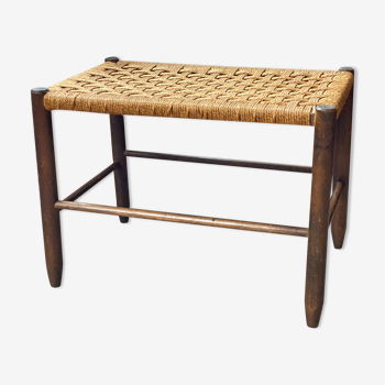 Mid Century wooden stool with a woven sisal seat