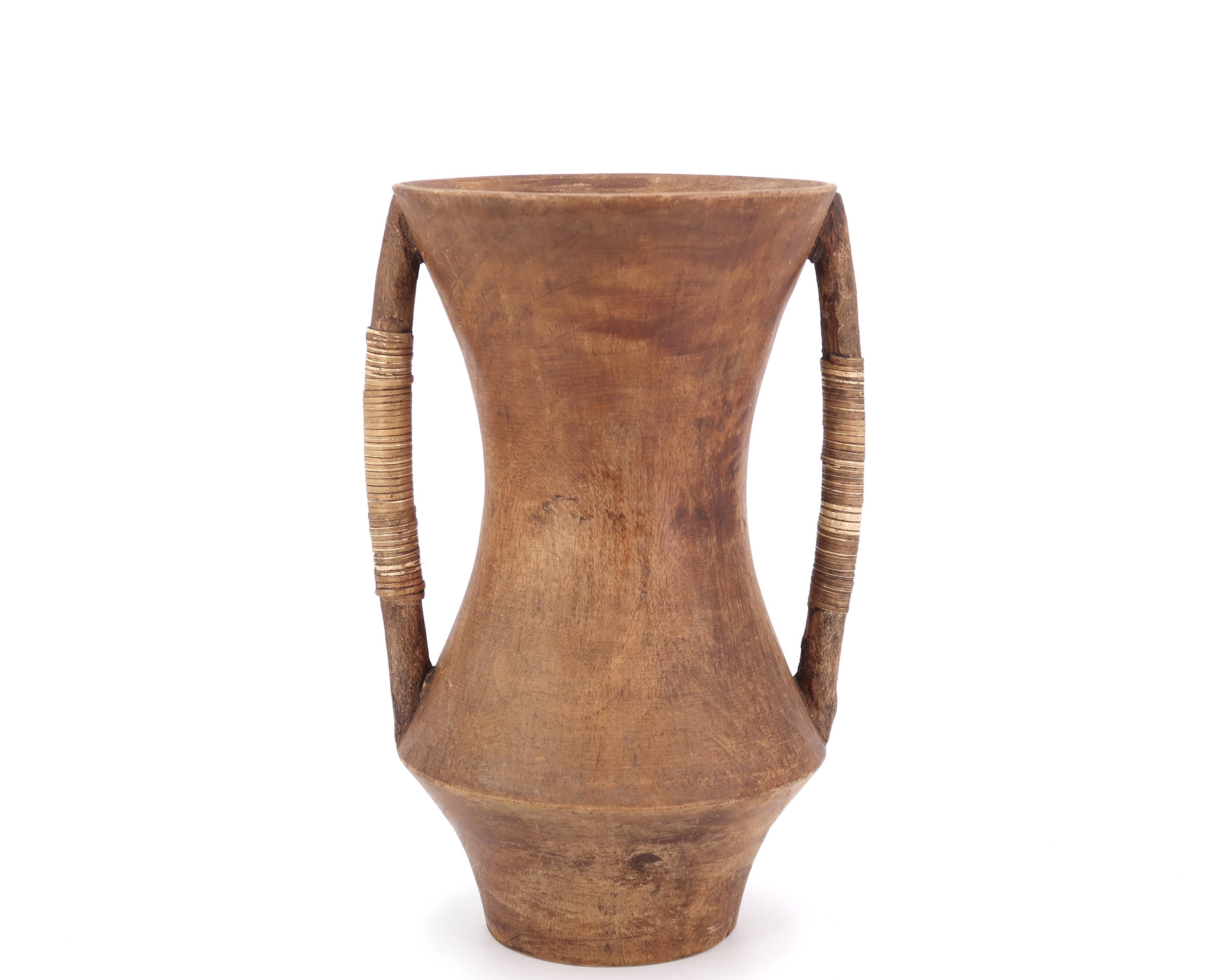 Large wooden vase, handles covered with wicker, 70s jar