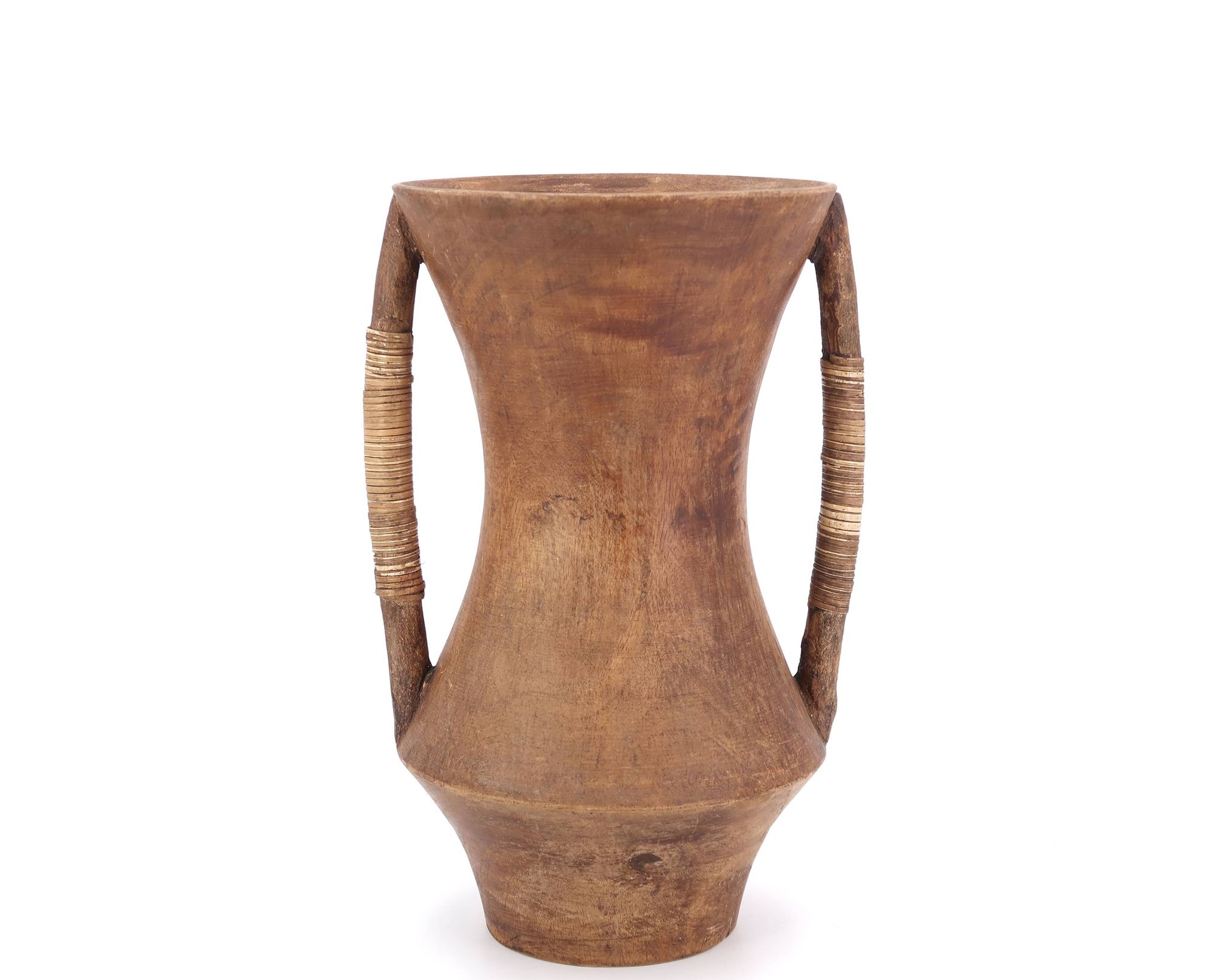 Large wooden vase, handles covered with wicker, 70s jar