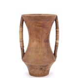 Large wooden vase, handles covered with wicker, 70s jar