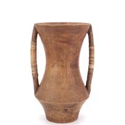Large wooden vase, handles covered with wicker, 70s jar