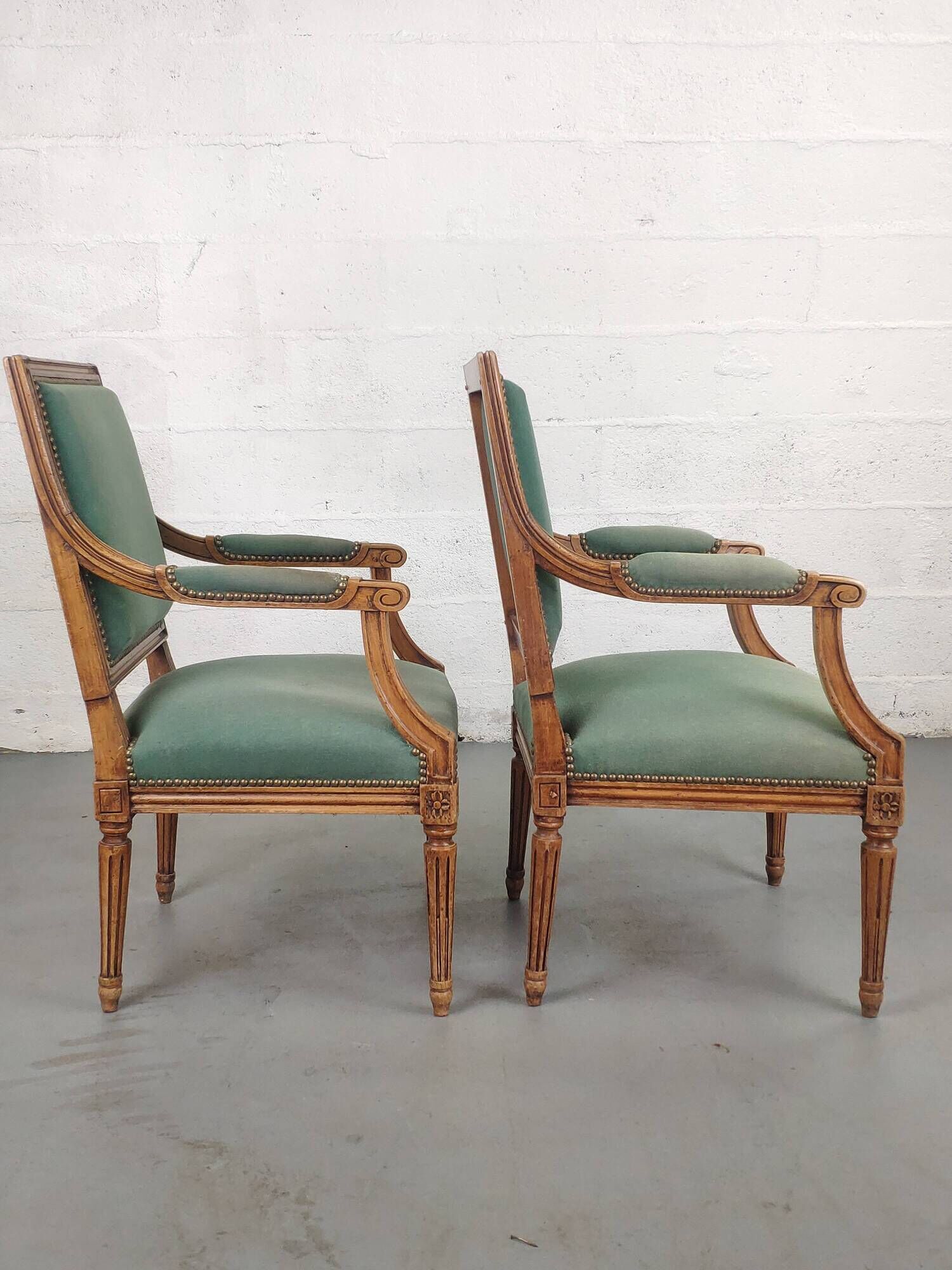 Pair of Louis XVI armchairs upholstered green velvet