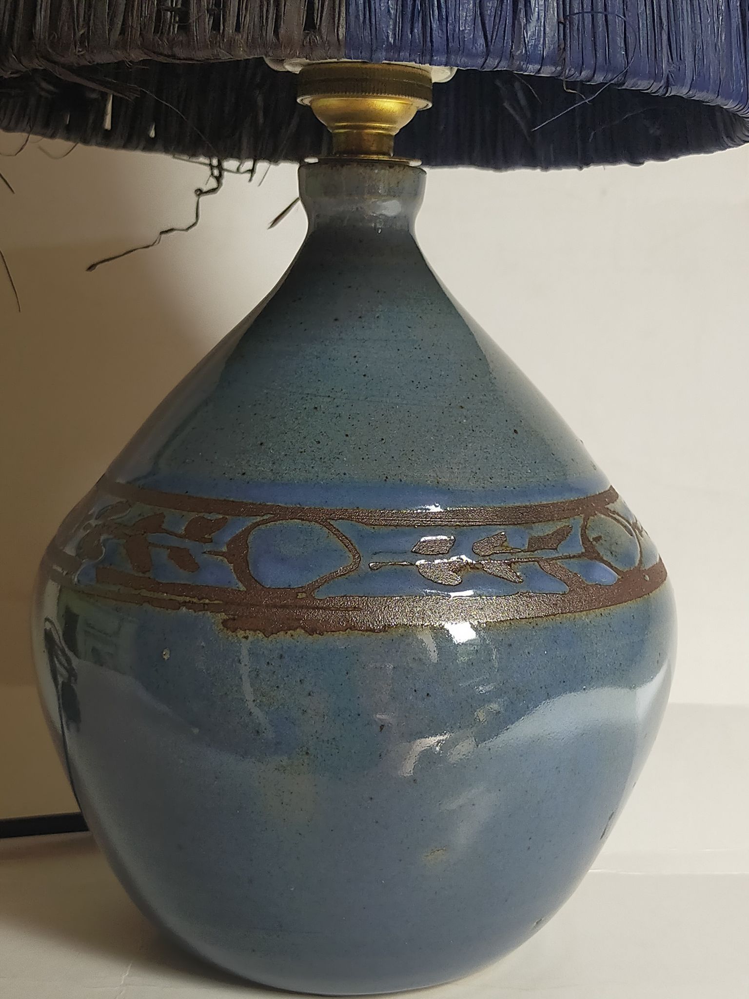 Vintage potter's ceramic table lamp, raffia lampshade