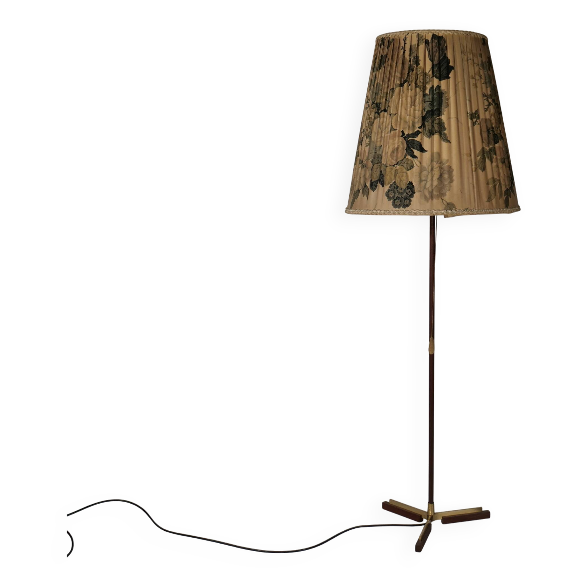 Teak Tripod Micheline Floor Lamp from Brass by JT Kalmar for Kalmar, 1950s