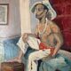 Portrait d'homme scène d'intérieur par Pegeaud-Deva XXe huile sur panneau