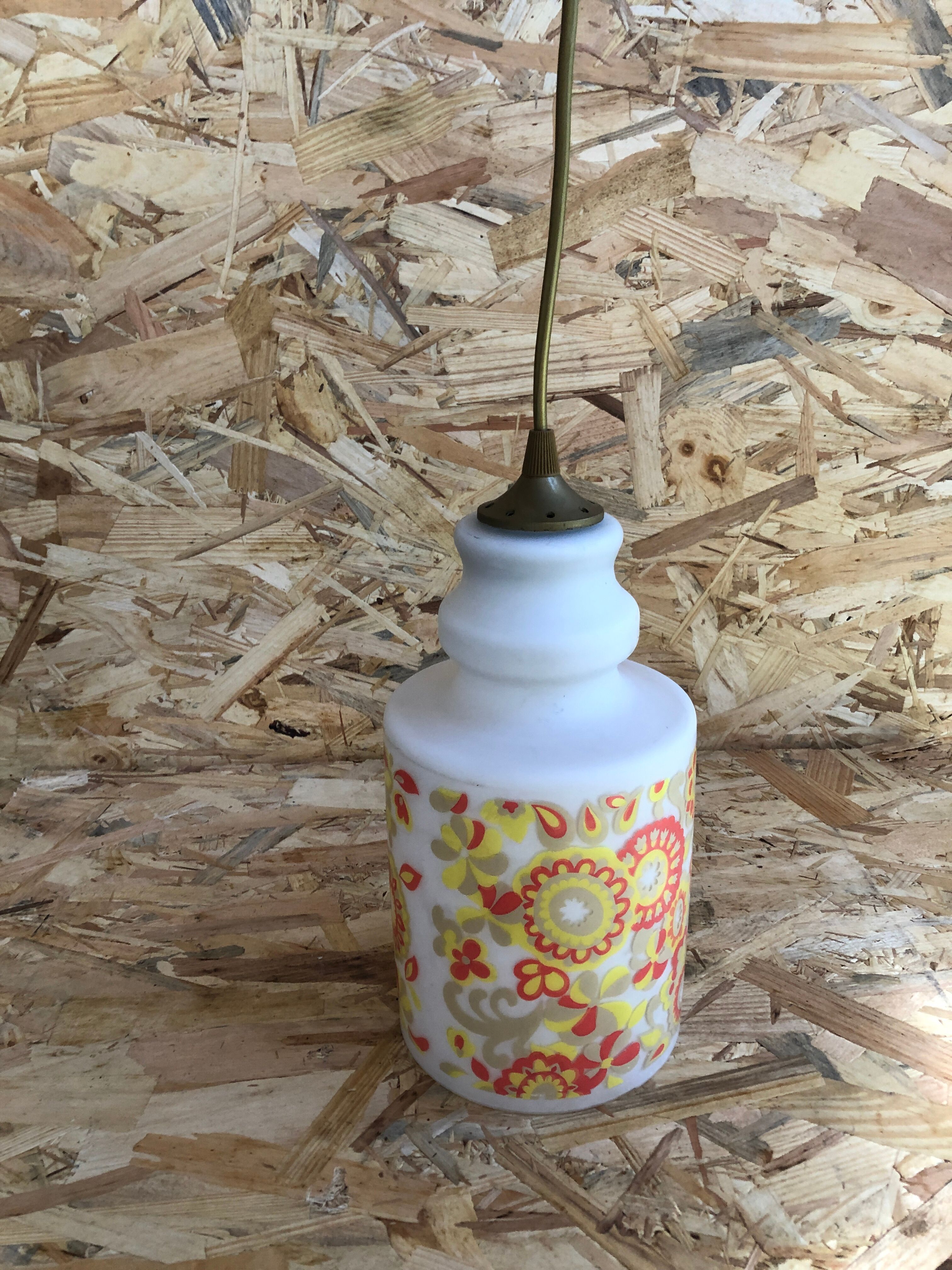 Old White Opaline Pendant Lamp + Yellow Orange Decor 70s Vintage