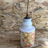 Ancienne Suspension Opaline Blanche + Décor Jaune Orange Années 70 Vintage