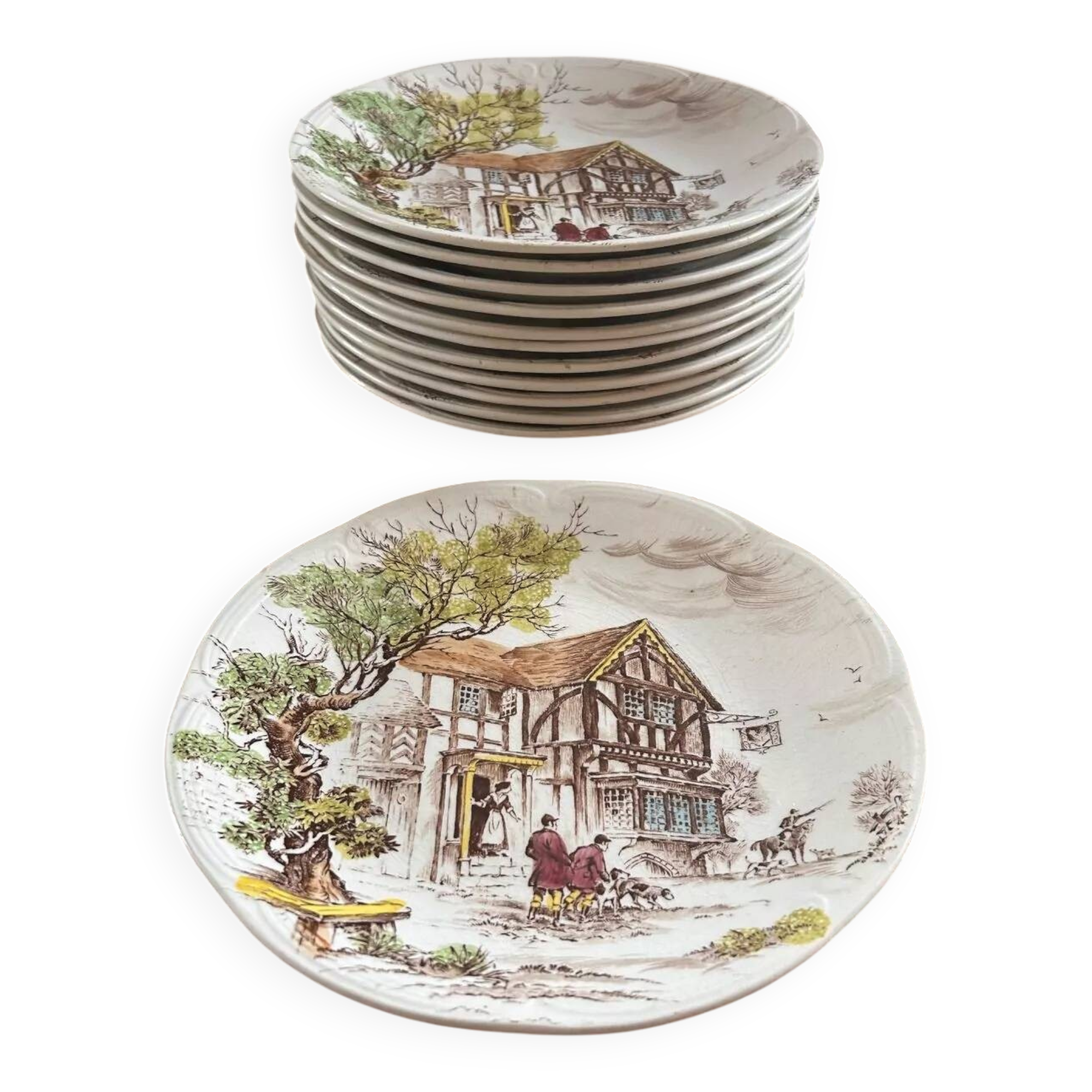 Set of 12 flat plates in Gien earthenware, Ludlow model, chic countryside dining.