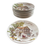 Set of 12 flat plates in Gien earthenware, Ludlow model, chic countryside dining.
