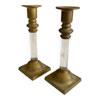 Pair of brass and plexiglass candlesticks 70s