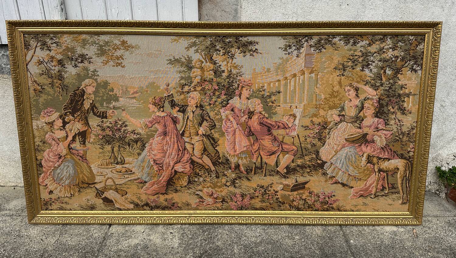 Large antique tapestry "country breakfast"