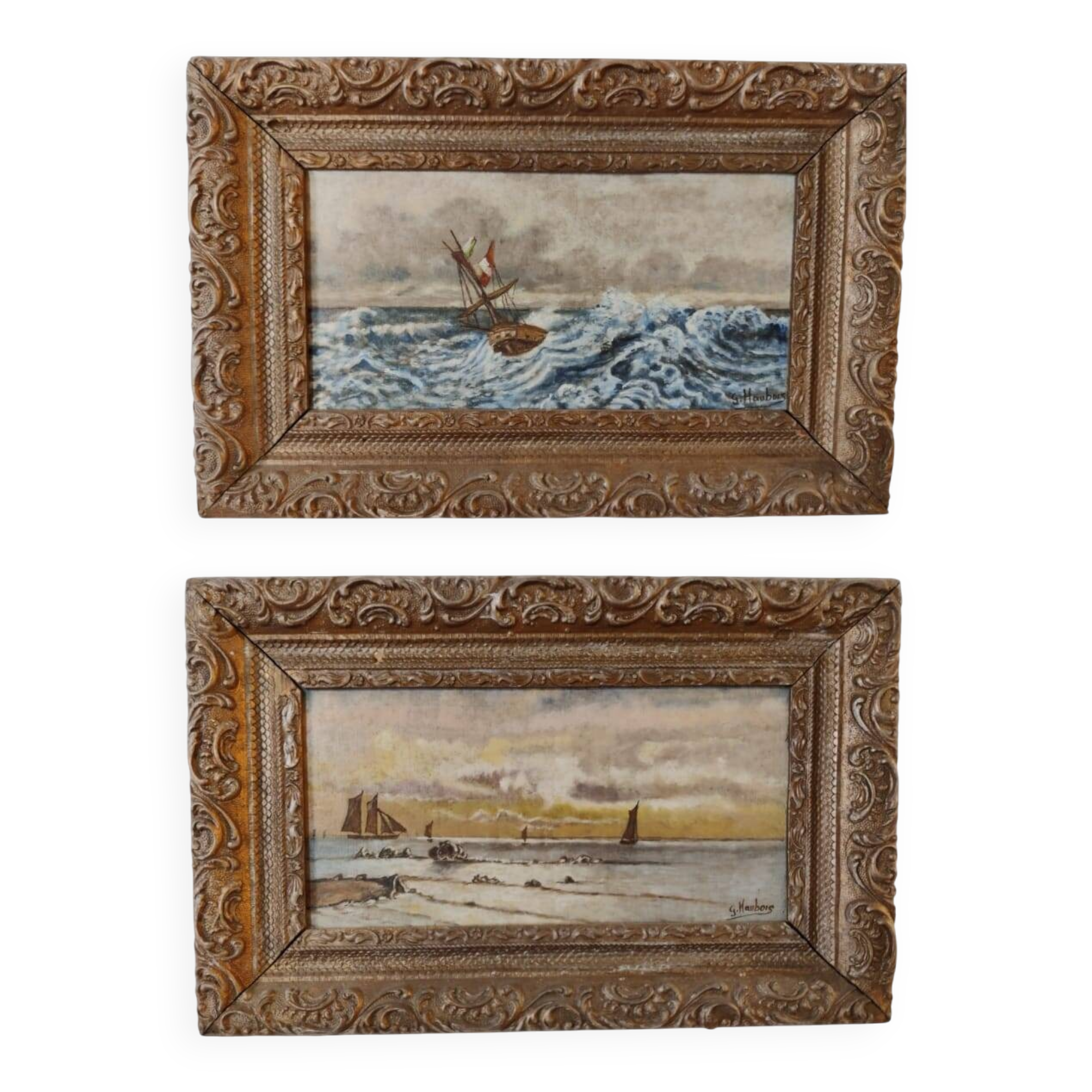 Lot of 2 old marine paintings on wood signed G. Haubois - Gilded frame