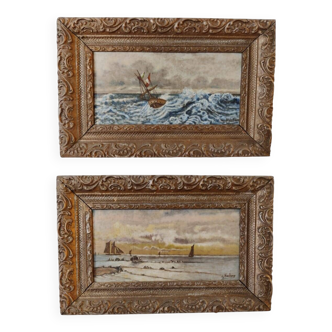 Lot of 2 old marine paintings on wood signed G. Haubois - Gilded frame